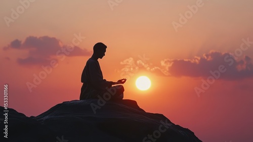 Silhouette of person meditating at sunset