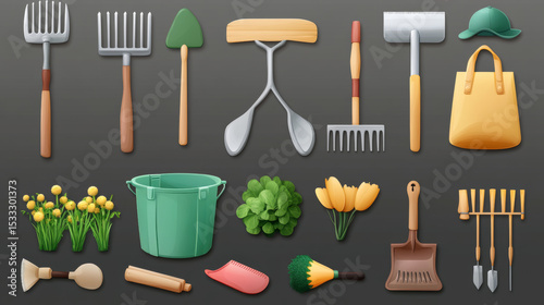 Gardening 3d icon set. Tools, equipment for garden and vegetable garden care. Spout, shovel, pitchfork, wheelbarrow, hat, bag, boots, fence. Isolated icons, objects on transparent background