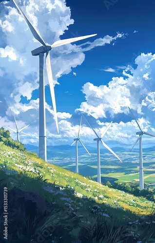 Photo of wind turbines on a grassy hill, clear blue sky, white blades, green field below.