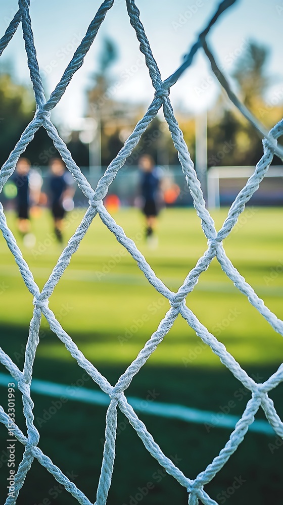 Fototapeta premium Closeup of Soccer Net with Blurred Players Practicing on Green Field Background