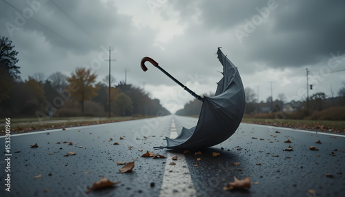 Inverted umbrella on rainy road