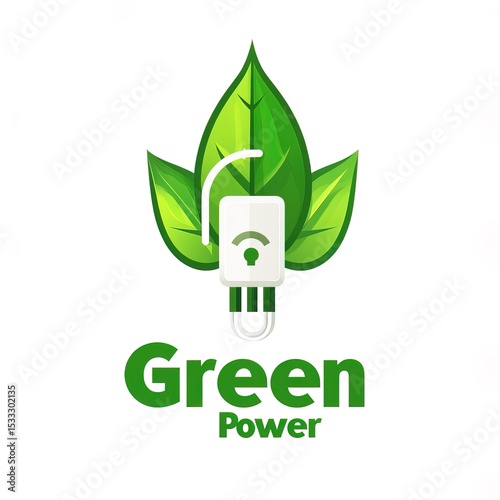 Logo with a green leaf and an electrical plug inside, set against a white background. Simple, flat design, vector graphic, minimalistic, modern style. Eco-friendly product brand for home power