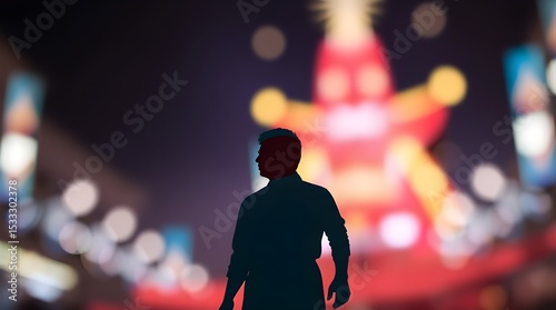 Man silhouette gazing city lights dazzling festival magical night