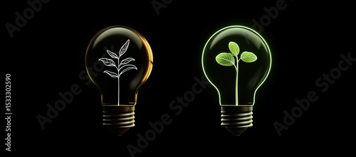 Light bulb with a growing plant inside on a black background, a concept of eco-friendly energy and sustainable development. Close-up shot, 4K, ultra-realism, high detail