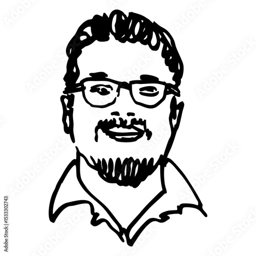 Portrait of a happy smiling middle age bearded man wearing glasses. Male head. Hand drawn linear doodle rough sketch. Black and white silhouette.