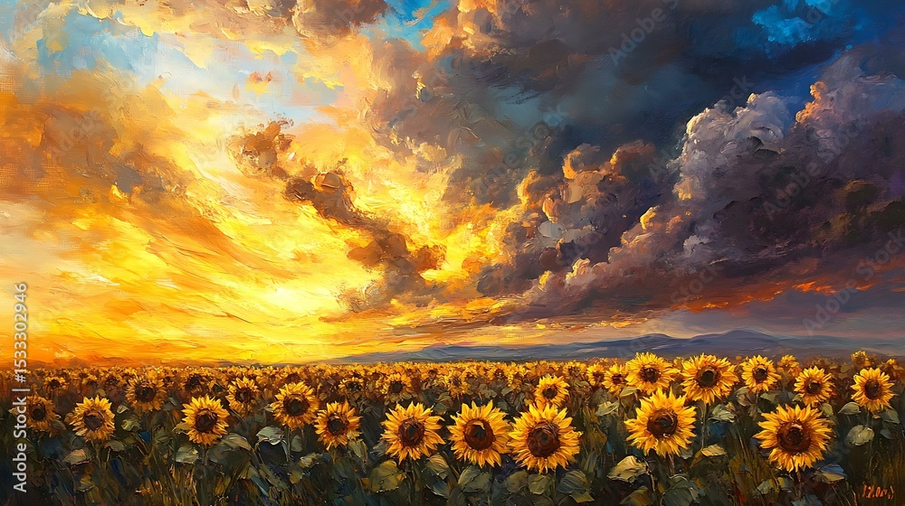 Fototapeta premium Oil painting of a sunflower field under a dramatic sky