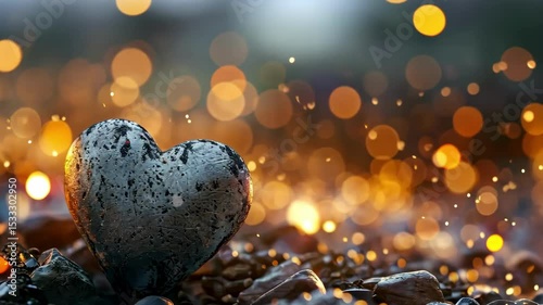 Stone heart shape on rocks with bokeh lights background, love and relationship concept.