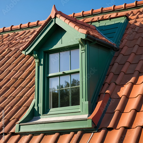 Green dormer window in tight angle against red tile roof in morning light