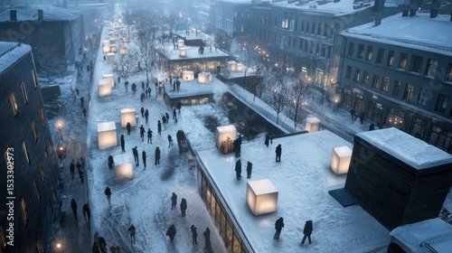 Snowy urban scene with illuminated boxes