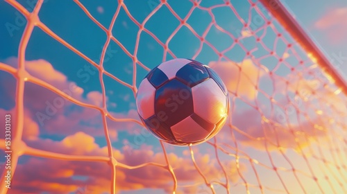 Soccer ball in goal at sunset (1)
