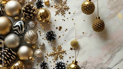 Elegant gold Christmas ornaments, pine cones and stars on marble background for holiday, festive season and Christmas decoration.