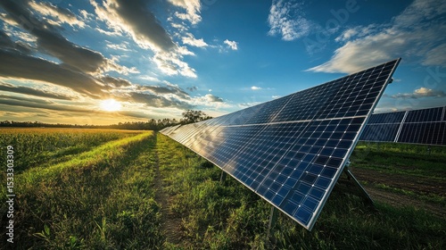 Solar panels at sunset over a field