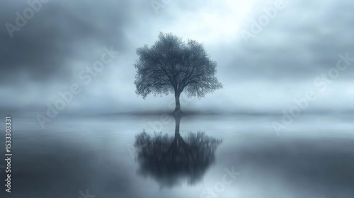 Solitary tree reflects in a misty landscape