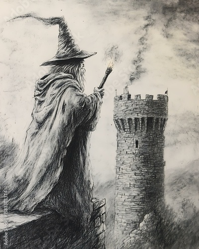 Crayon drawing of a wizard casting spells in his tower