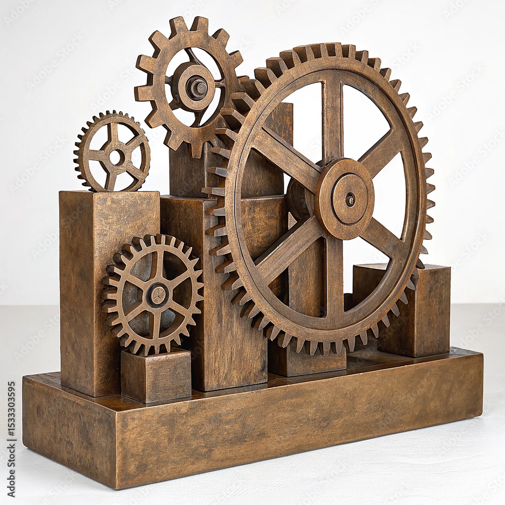 Fototapeta premium Abstract Bronze Metal Sculpture with Gears and Blocks 