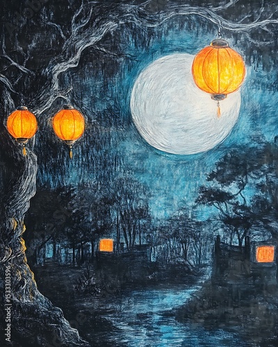 Crayon art of a moonlit scene with glowing lanterns