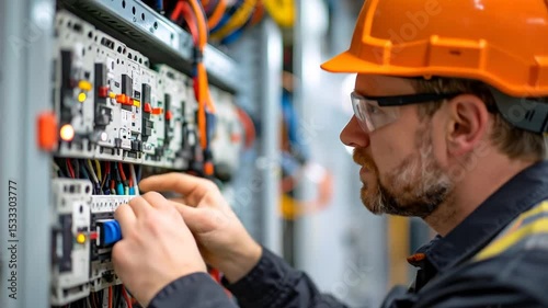 Professional electrician working safely on electrical panel with hard hat and protective glasses