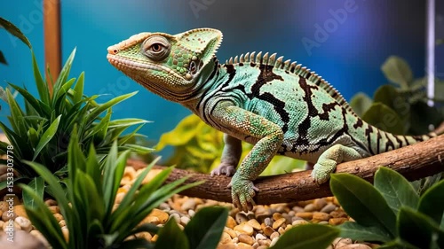 Green chameleon crawling on branch surrounded by plants in vivarium, wildlife.