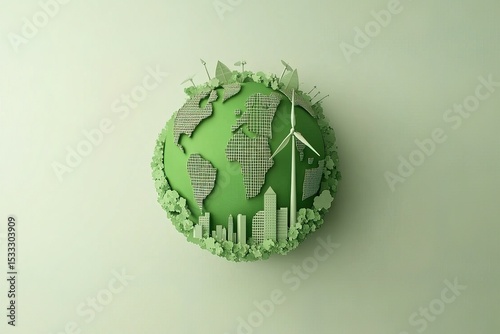 Green planet Earth with wind turbines, solar panels, and city buildings on a white background. Vector illustration of a green Earth planet in a paper-cut style, isolated on a light green