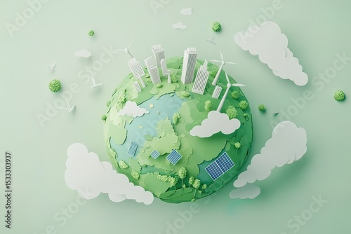 Green planet Earth with wind turbines, solar panels, and city buildings on a white background. Vector illustration of a green Earth planet in a paper-cut style, isolated on a light green