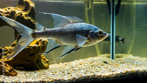 Silver sharkminnow fish swims in aquarium with rocks, gravel, and clean water.