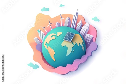 Green planet Earth with wind turbines, solar panels, and city buildings vector illustration isolated on a white background in a cutout paper art style. Green Earth globe