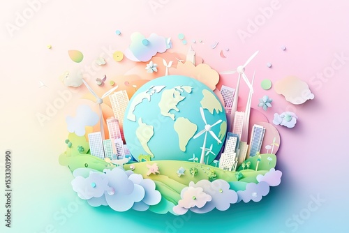 Green planet Earth with wind turbines, solar panels, and city buildings vector illustration isolated on a white background in a cutout paper art style. Green Earth globe