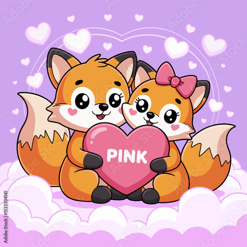 Two foxes with a pink heart