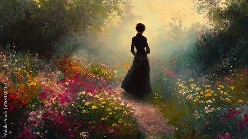 Oil painting of a woman walking in a foggy flower garden