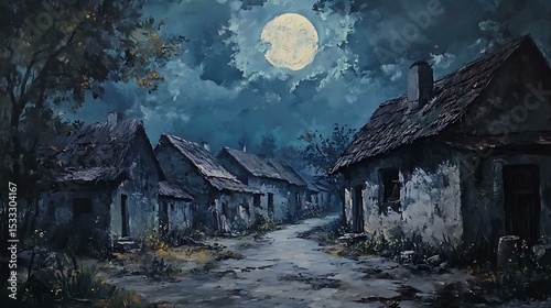 Oil painting of an old village under moonlight