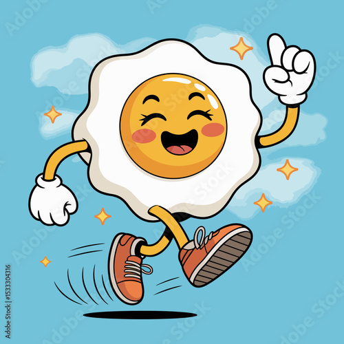 Cartoon Fried Egg Running with a Finger Pointing Gesture
