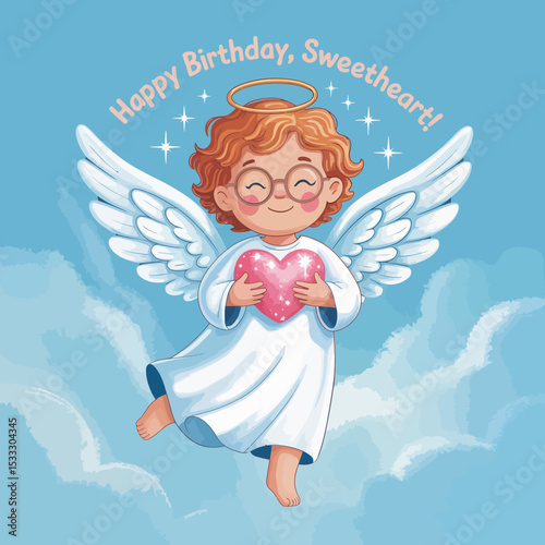 Flying Angel with Halo and Heart on Birthday