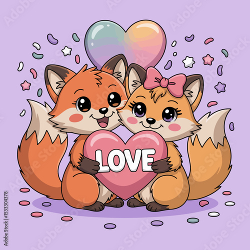 Foxes with a heart and LOVE text
