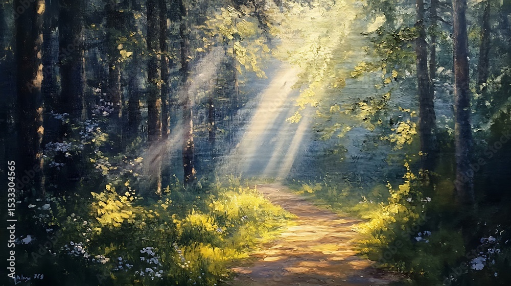 Obraz premium Oil painting of a path leading through a sunlit forest