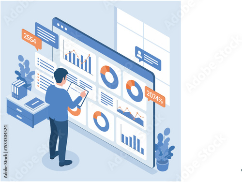 Business concept infographic with 3D man pushing a button on a tablet computer, showcasing data presentation elements and web design icons