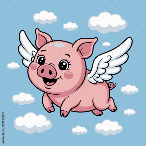 Flying Pig with Wings in Blue Sky