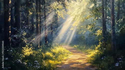 Fototapeta Naklejka Na Ścianę i Meble -  Oil painting of a path leading through a sunlit forest