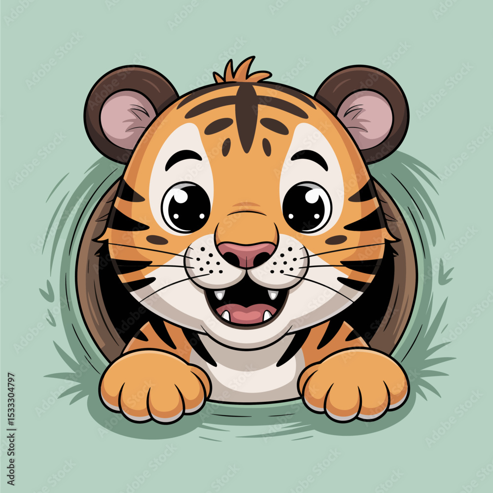 Cute Tiger Popping Out of a Hole with Flowers Cute Tiger Popping Out of a Hole with Flowers
