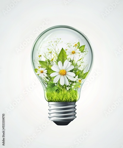 Eco-friendly light bulb with green energy and flowers inside, isolated on a white background. Vector illustration, close-up view, green color palette, vector graphics, professional lighting