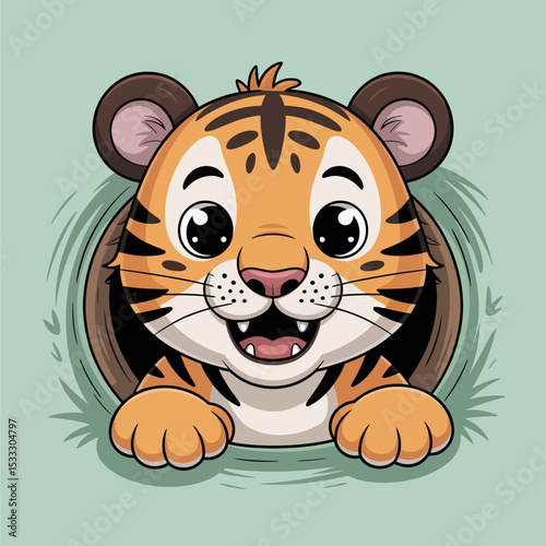 Cute Tiger Popping Out of a Hole with Flowers