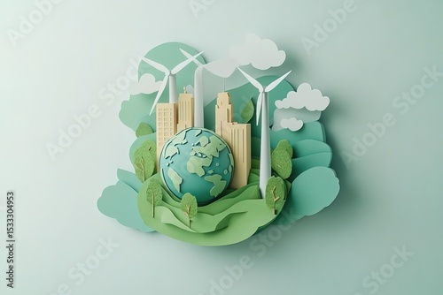 Eco-friendly and sustainable environment concept with a green Earth, wind turbines, and buildings isolated on a white background in a paper-cut style vector illustration. Green planet and clean