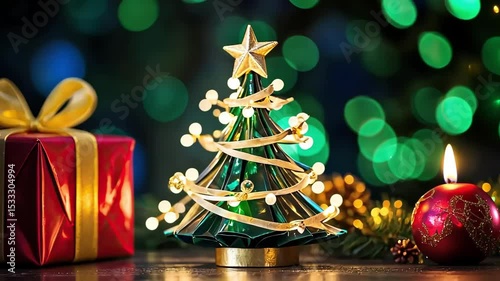Festive Christmas scene with decorated Christmas tree, gift box, candle and bokeh background.