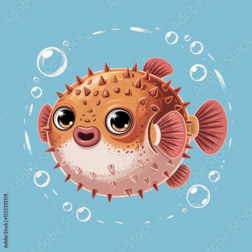 Smiling Pufferfish in Bubbles