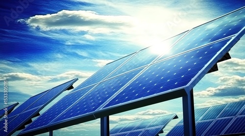 Close-up of solar panels under the blue sky, with clouds in the background. The sunlight reflects off each panel's surface, creating a bright and sunny atmosphere.