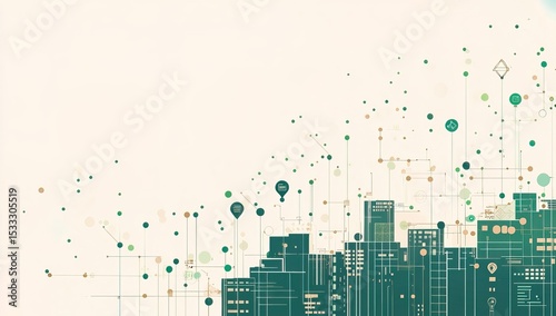 Business card graphic for an eco-friendly smart city, with icons representing green energy production and sustainable urban design, set against the backdrop of buildings connected by lines
