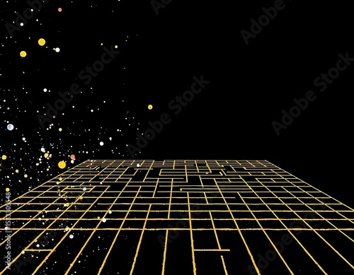 Retro grid landscape with particles and dark background for abstract wallpaper design concept