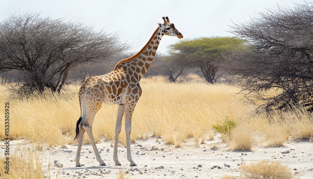 Obraz premium Giraffe standing in a dry savanna landscape.