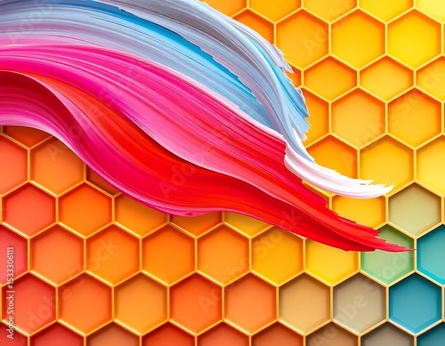 Abstract colorful paint brush strokes on honeycomb background digital art design render graphic texture