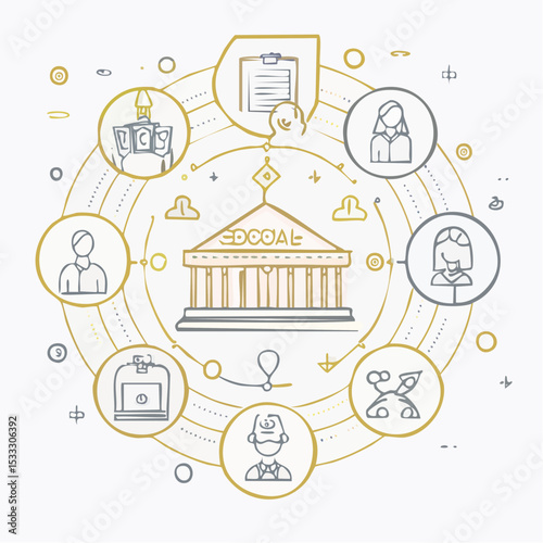 Social policy line icon set. Social services, health care, education, family, insurance, protection of rights, society, legislation and more. Outline icon in linear style. Vector collection.
