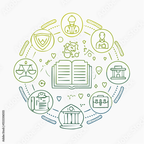 Social policy line icon set. Social services, health care, education, family, insurance, protection of rights, society, legislation and more. Outline icon in linear style. Vector collection.
